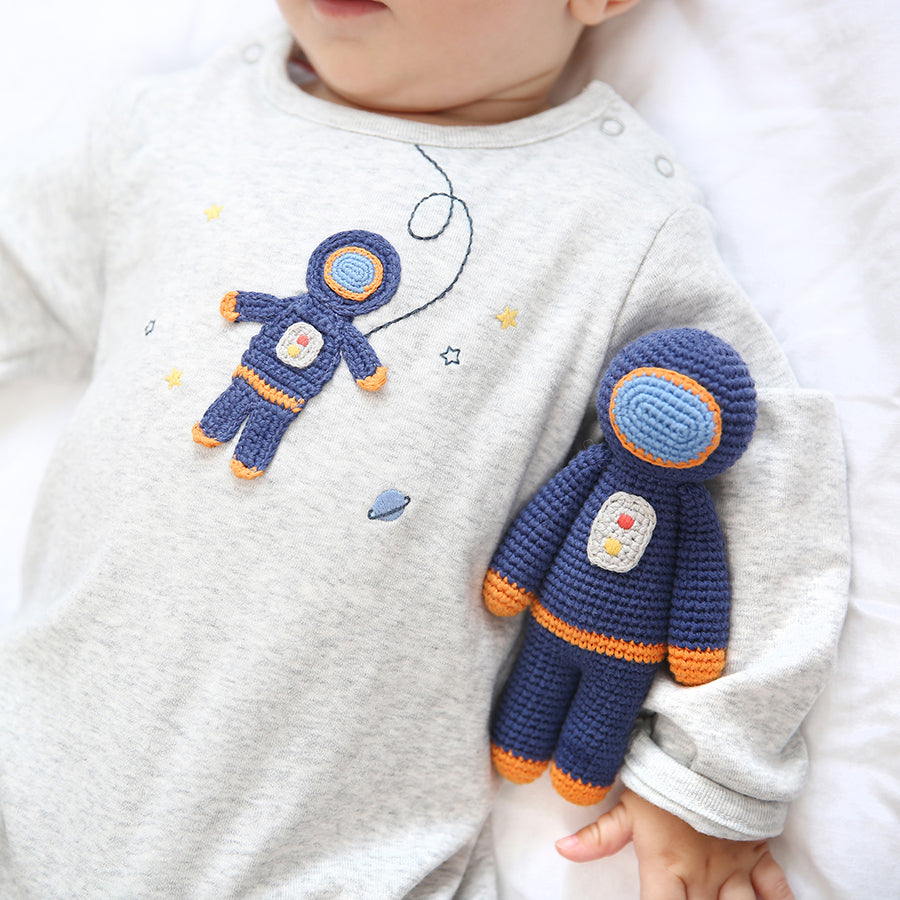 Crochet Astronaut Babygrow and Rattle Toy Set - Black Friday Offer