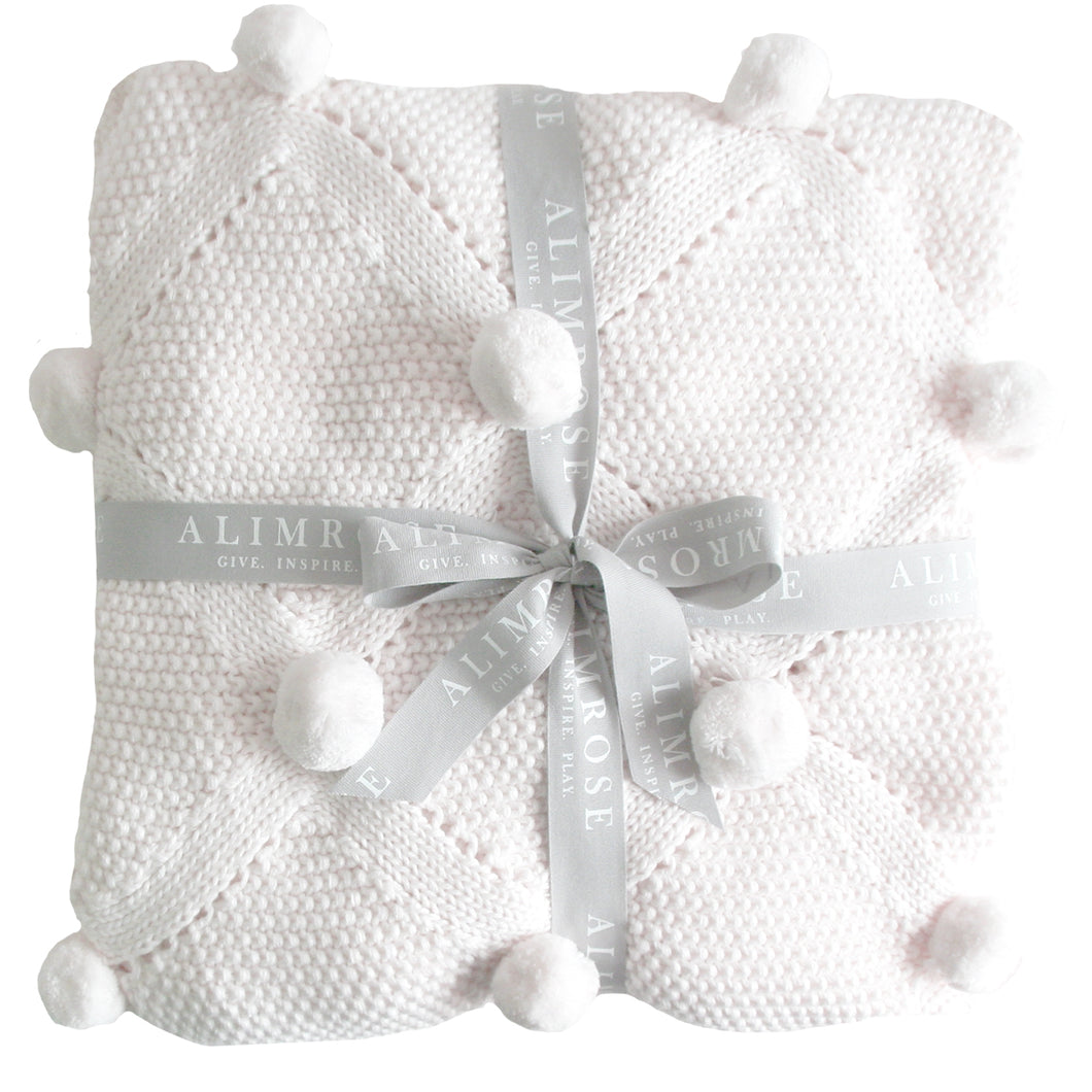 Organic Cotton Knit Pom Pom Baby Blanket Ivory